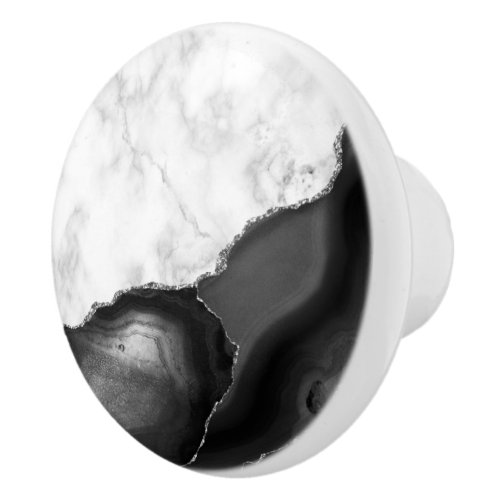 Elegant Black Agate Silver Glitter White Marble Ceramic Knob