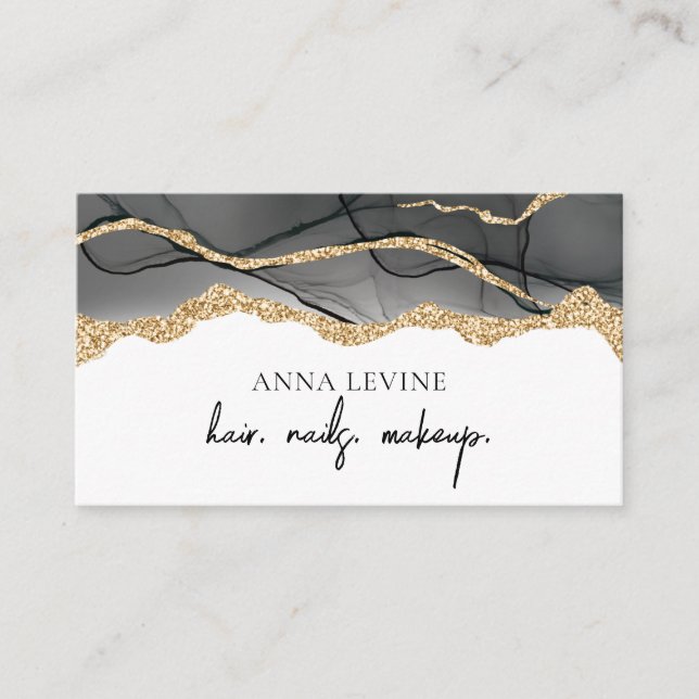 Elegant Black Agate Slice and Gold Glitter Business Card (Front)