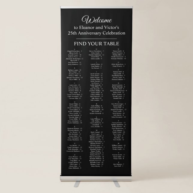 Elegant Black Alphabetical 150 Guest Seating Chart Retractable Banner (Front)
