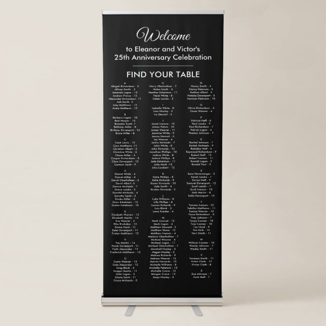 Elegant Black Alphabetical 150 Guest Seating Chart Retractable Banner (Front)