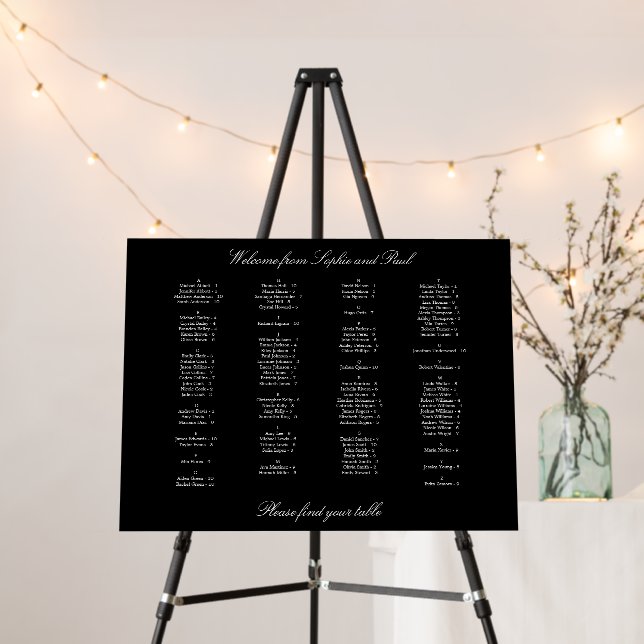 Elegant Black Alphabetical Seating Chart Foam Board (In Situ (Stand))