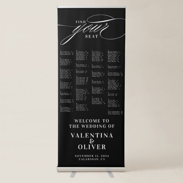 Elegant Black Alphabetical Wedding Seating Chart Retractable Banner (Front)