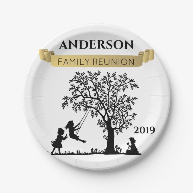 Elegant Black an Gold Personalized Family Reunion Paper Plates (Front)
