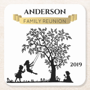 Elegant Black an Gold Personalized Family Reunion Square Paper Coaster