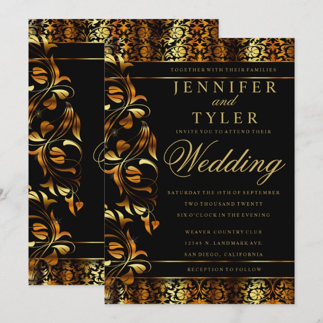 Elegant Black an Rich Gold Damask Invitation (Front/Back)