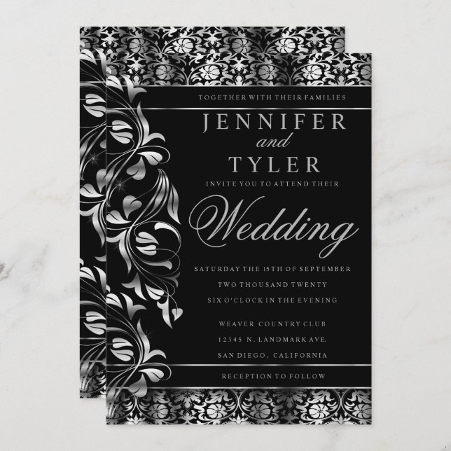 Elegant Black an Rich Silver Damask Invitation (Front/Back)