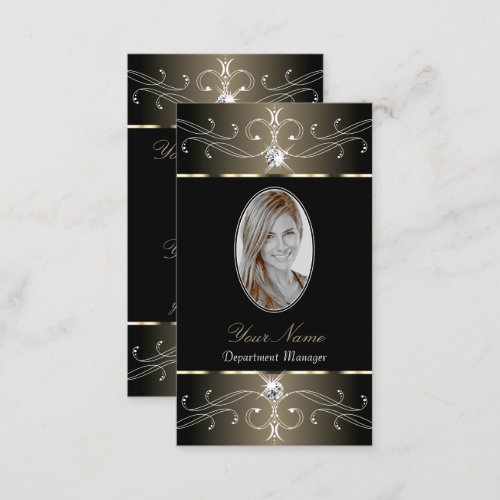 Elegant Black and Beige Ornate Ornaments Add Photo Business Card