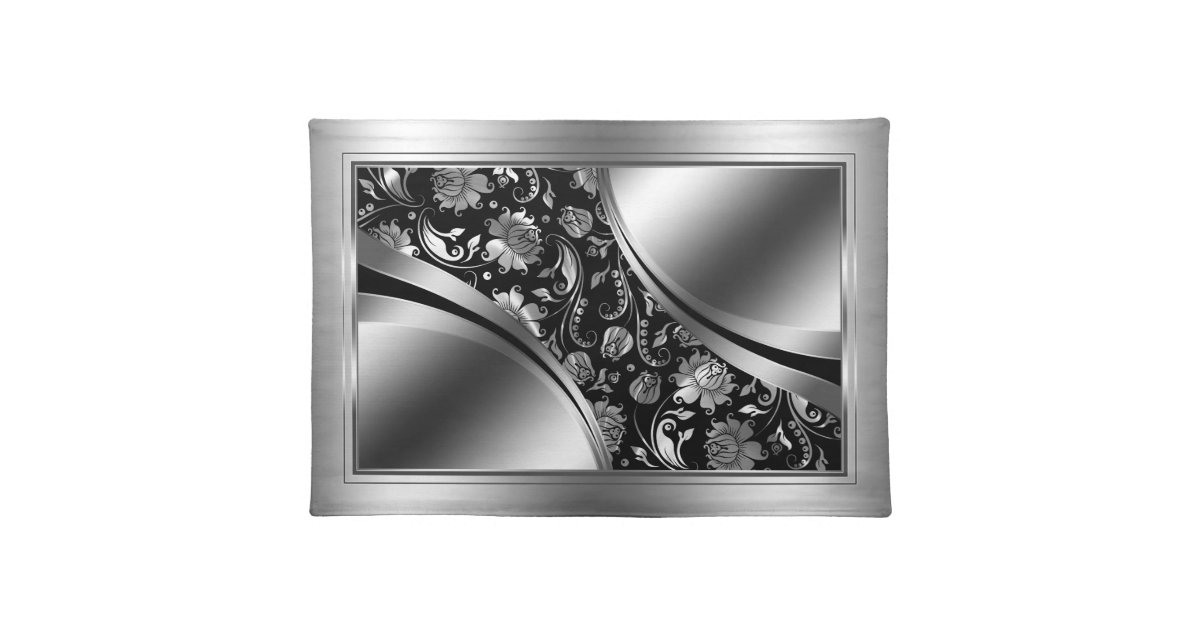 Elegant Black And Black Damasks Silver Frame Cloth Placemat Zazzle
