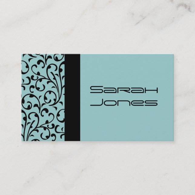 Elegant Black and Blue Damask Busines Card (Front)