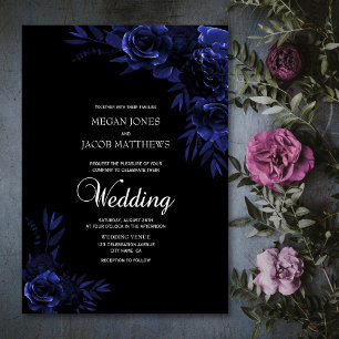 Elegant Black and Blue Floral Wedding Invitation