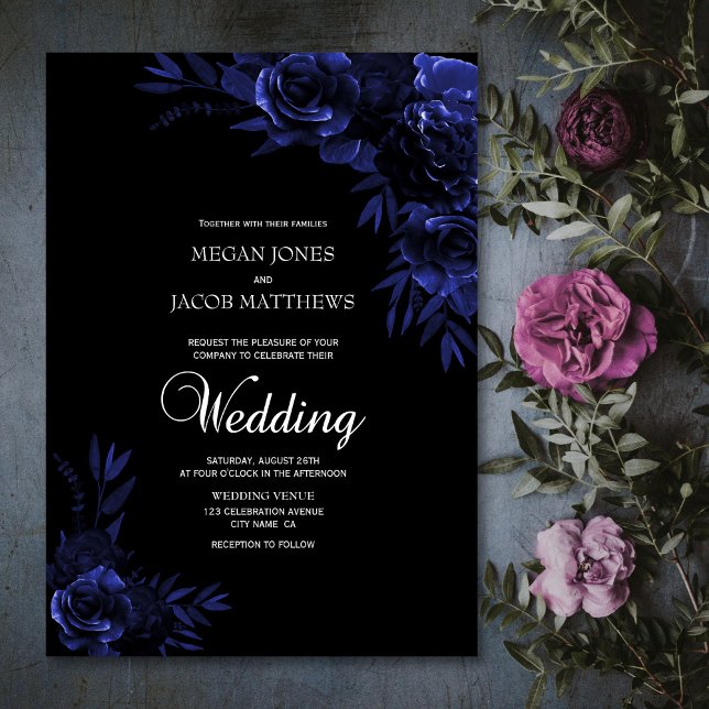Elegant Black and Blue Floral Wedding Invitation (Creator Uploaded)