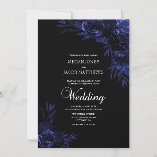 Elegant Black and Blue Floral Wedding Invitation | Zazzle