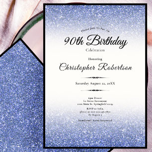 Elegant Black and Blue Glitter 90th Birthday Invitation