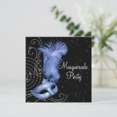 Elegant Black and Blue Masquerade Party Invitation (Standing Front)