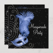 Elegant Black and Blue Masquerade Party Invitation (Front/Back)