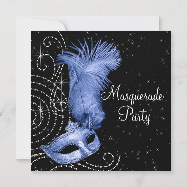Elegant Black and Blue Masquerade Party Invitation (Front)