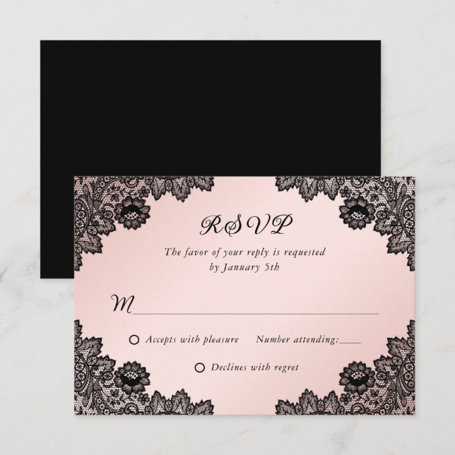Elegant Black and Blush Floral Lace Wedding RSVP (Front/Back)