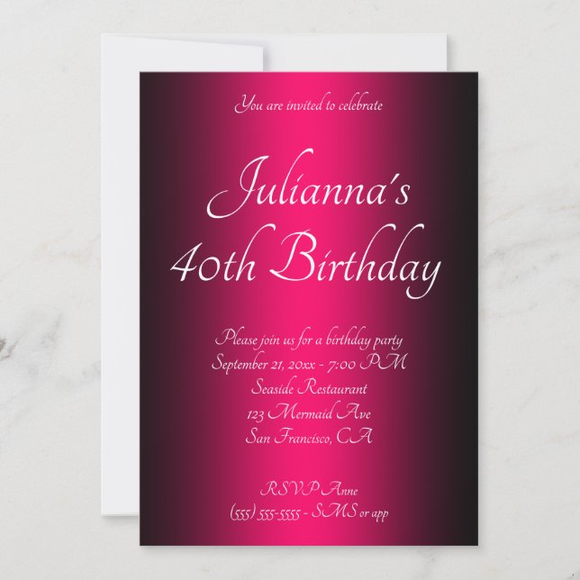 Elegant Black and Bright Pink Ombre 40th Birthday Invitation (Front)