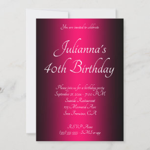 Elegant Black and Bright Pink Ombre 40th Birthday Invitation