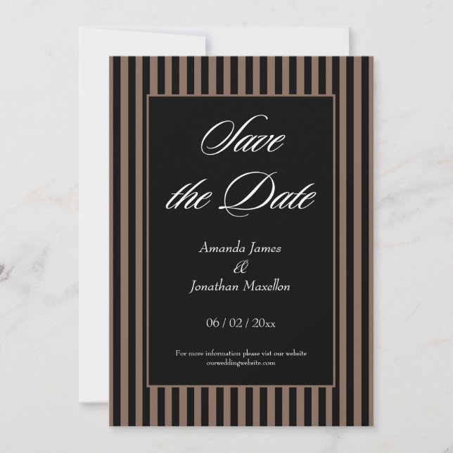 Elegant Black and Brown Stripes Save the Date Invitation (Front)