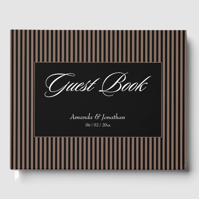 Elegant Black and Brown Stripes Wedding Guest Book (Front)