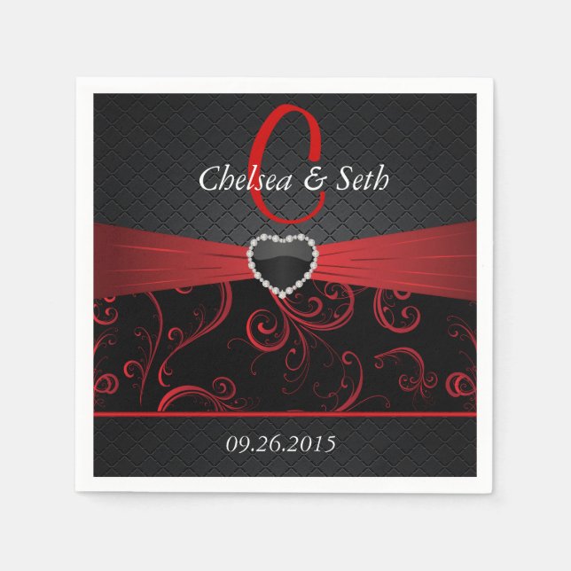 Elegant Black and Deep Red Floral Pattern Paper Napkins (Front)