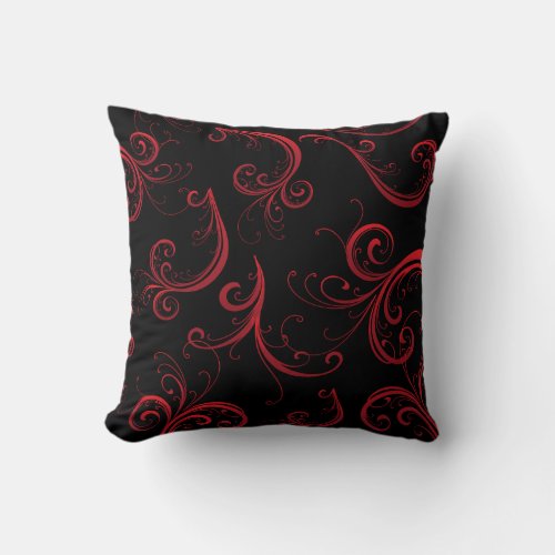 Elegant Black and Deep Red Floral Pattern Throw Pillow