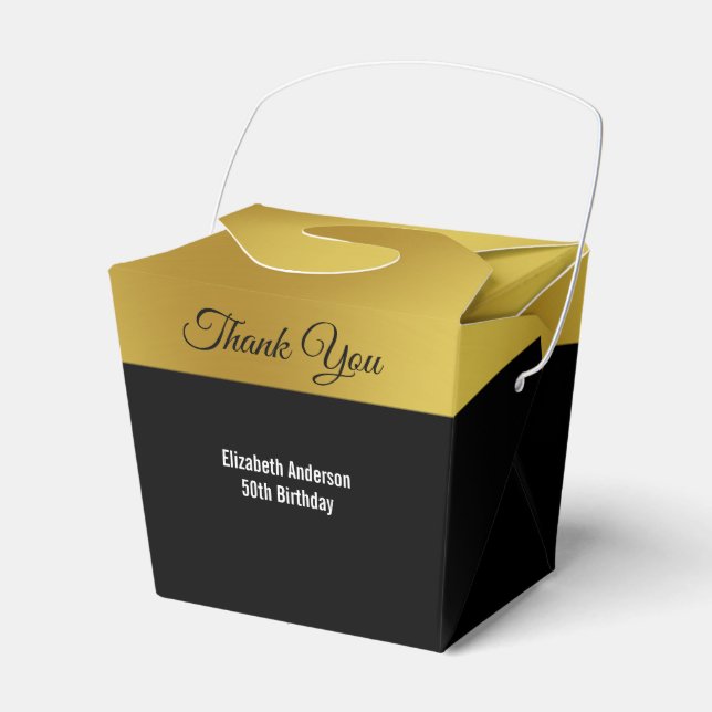 Elegant Black and Faux Gold Birthday Favor Boxes (Front Side)