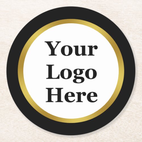 Elegant Black and Faux Gold Border Your Logo Here Round Paper Coaster