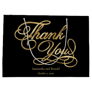 Elegant Black and Faux Gold Calligraphy Thank You Large Gift Bag