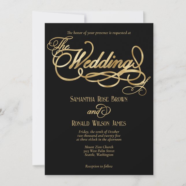 Elegant Black and Faux Gold Calligraphy Wedding Invitation (Front)