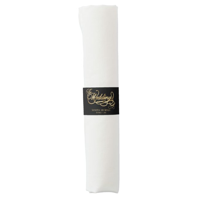 Elegant Black and Faux Gold Calligraphy Wedding Napkin Bands (Front)