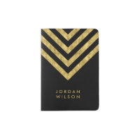 Elegant Black and Faux Gold Chevron Name Passport Holder