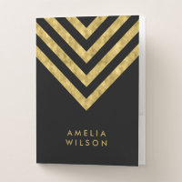 Elegant Black and Faux Gold Chevron Name Pocket Folder