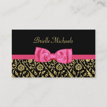 Elegant Black And Faux Gold Damask Hot Pink Bow Business Card by GirlyBusinessCards at Zazzle