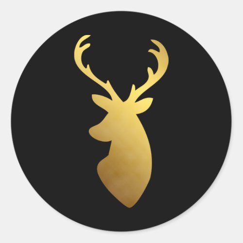 Elegant Black and Faux Gold Foil Deer Head Classic Round Sticker