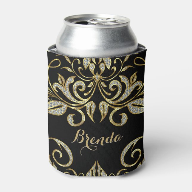 Elegant Black And Faux Gold & Glitter Can Cooler (Can Front)