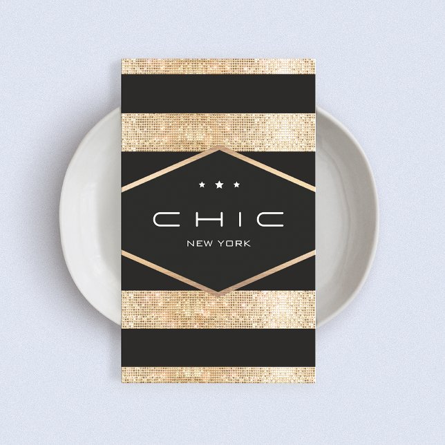 Elegant Black and Faux Gold Sequins Striped Business Card (Creator Uploaded)