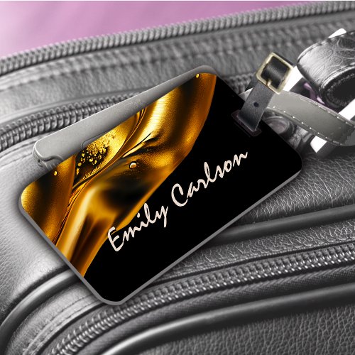 Elegant black and faux liquid gold luggage tag