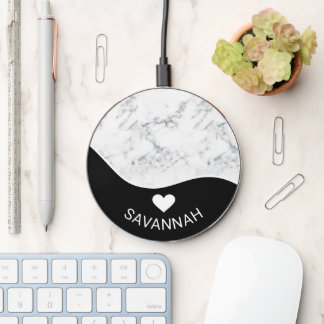 Elegant Black And Faux Marble With A Custom Name Wireless Charger