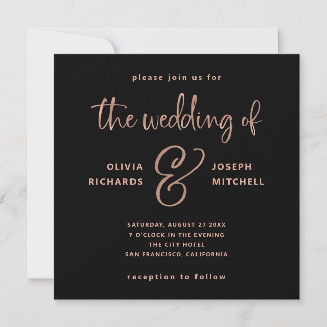 Elegant Black and Faux Rose Gold Wedding Invitation (Front)