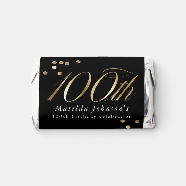 Elegant Black and Gold 100th Birthday Party Hershey's Miniatures (Front)