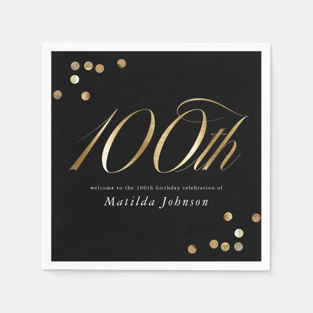 Elegant Black and Gold 100th Birthday Party Napkins (Front)