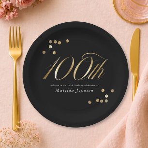 Elegant Black and Gold 100th Birthday Party Paper Plates