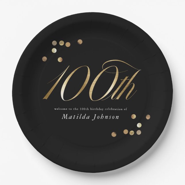 Elegant Black and Gold 100th Birthday Party Paper Plates (Front)
