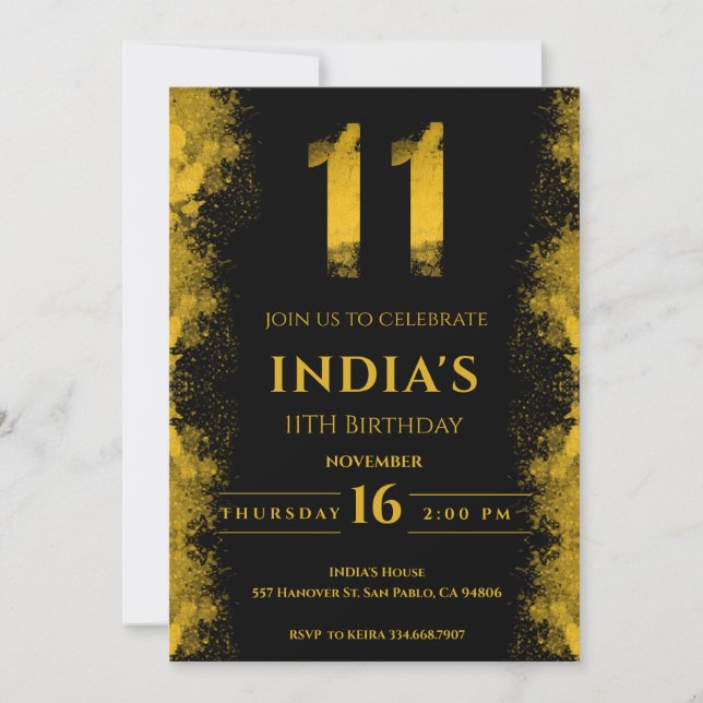 Elegant Black And Gold 11th Birthday Party Invitation (Front)