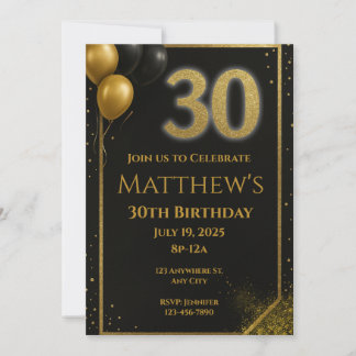 Elegant Black and Gold 30th Birthday Invitation