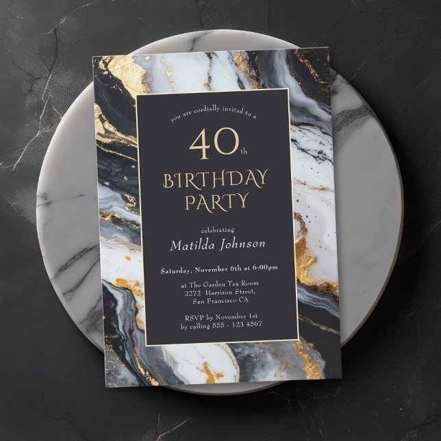 Elegant Black and Gold 40th Birthday Invitation (Elegant Black and Gold 40th Birthday Invitation)
