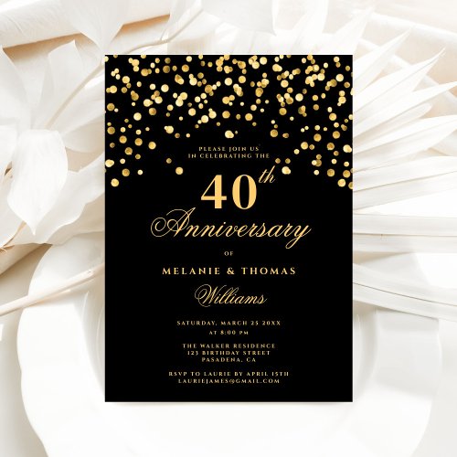 Elegant Black And Gold 40th Wedding Anniversary Invitation