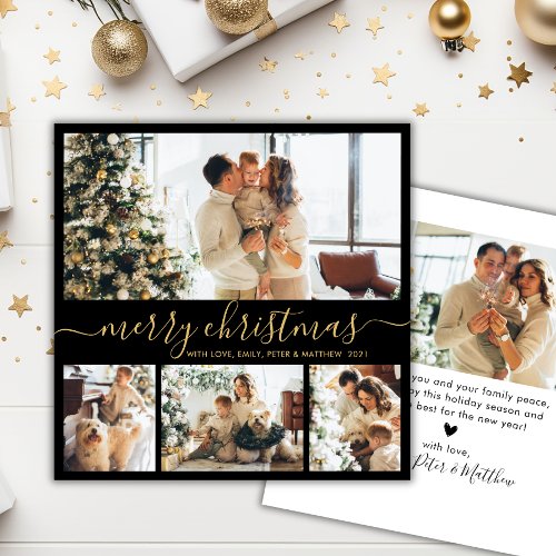 Elegant Black and Gold 4 Photo Collage Christmas Holiday Card